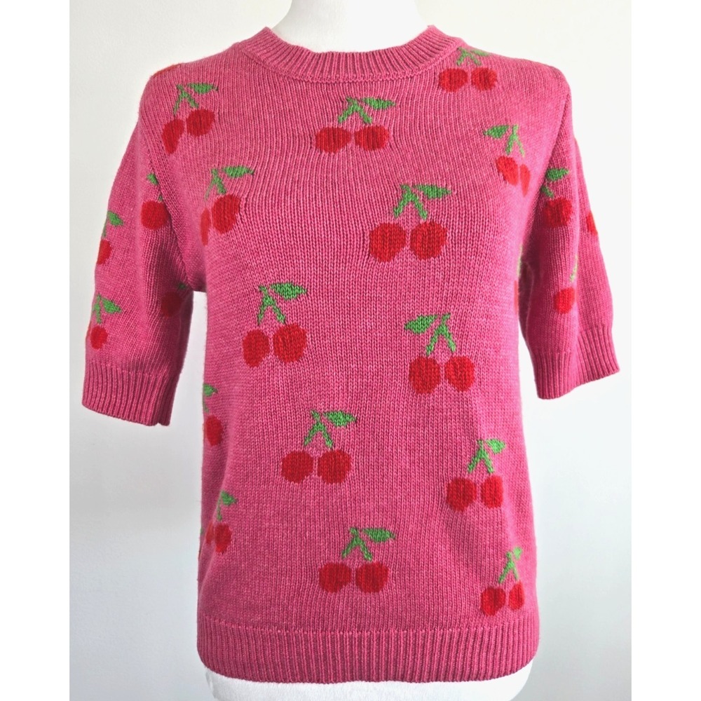Pink Red Cherry Print Short Sleeves Sweater Wool Cotton Blend Knit Sz Medium